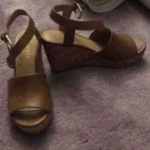 Camel color cork wedge heels
